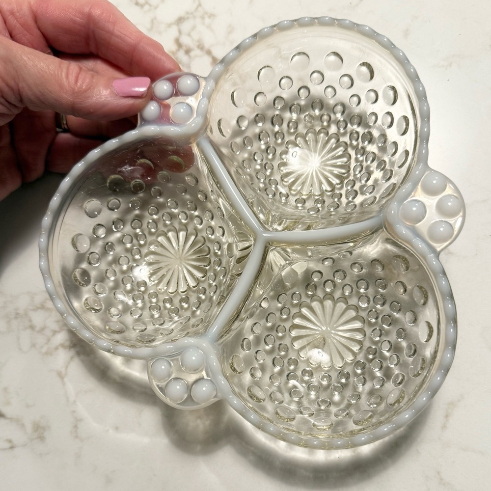 WOW! 5 for $25!! Fenton Hobnail Glass Relish Dish: Moonstone Opalescent - Picture 3 of 10